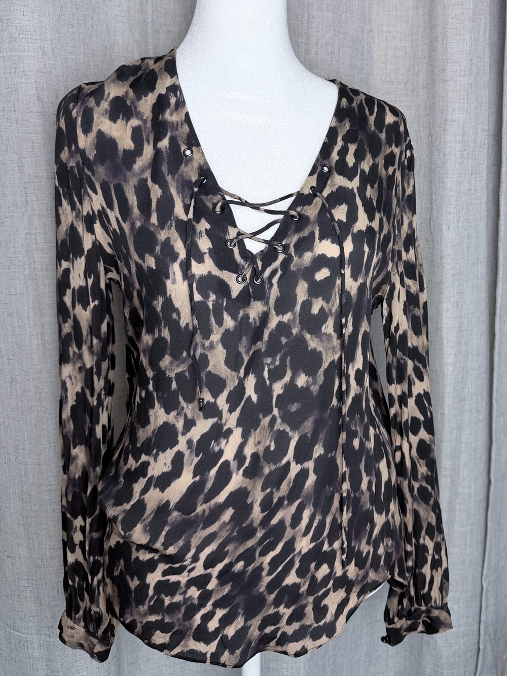 Haute Hippie Lace-Up Leopard Print Blouse - Black & Tan
